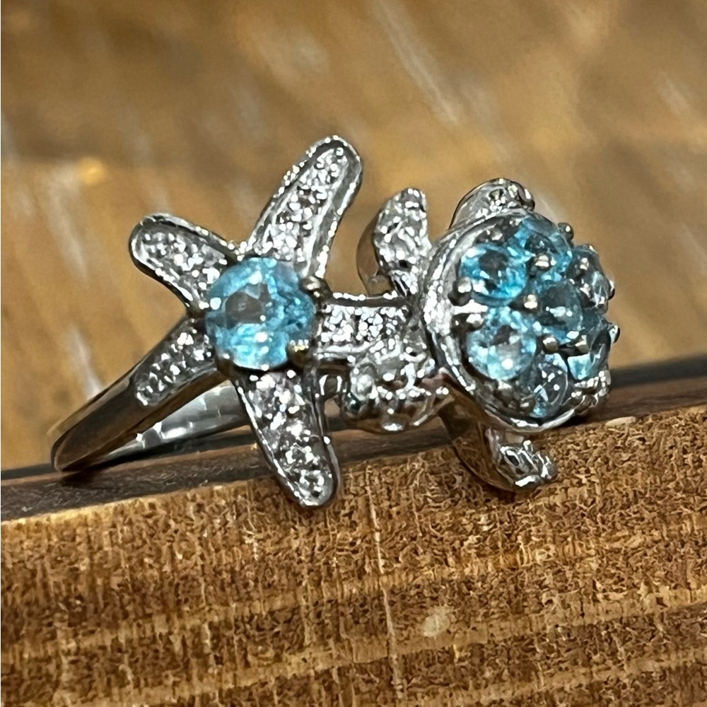 Silver Starfish and Turtle Ring with Neon Apatite Size 9